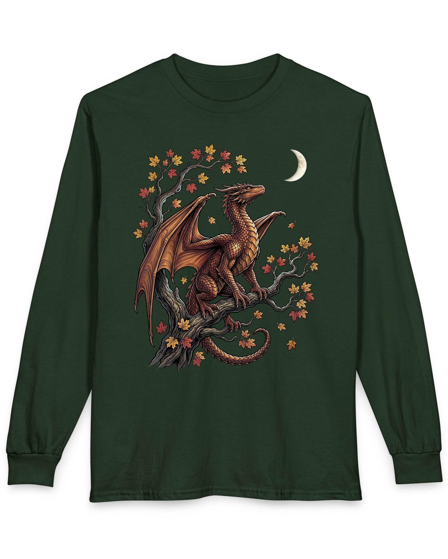 Autumn Watch shirt in forest green featuring a copper dragon on a gnarled tree with red and gold leaves and a crescent moon