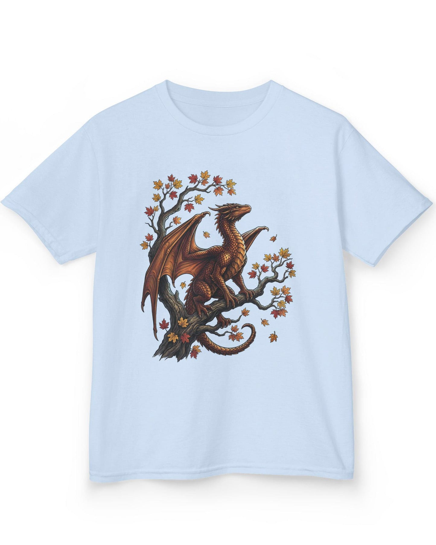 Autumn Watch shirt in light blue featuring a copper dragon on a gnarled tree with red and gold leaves