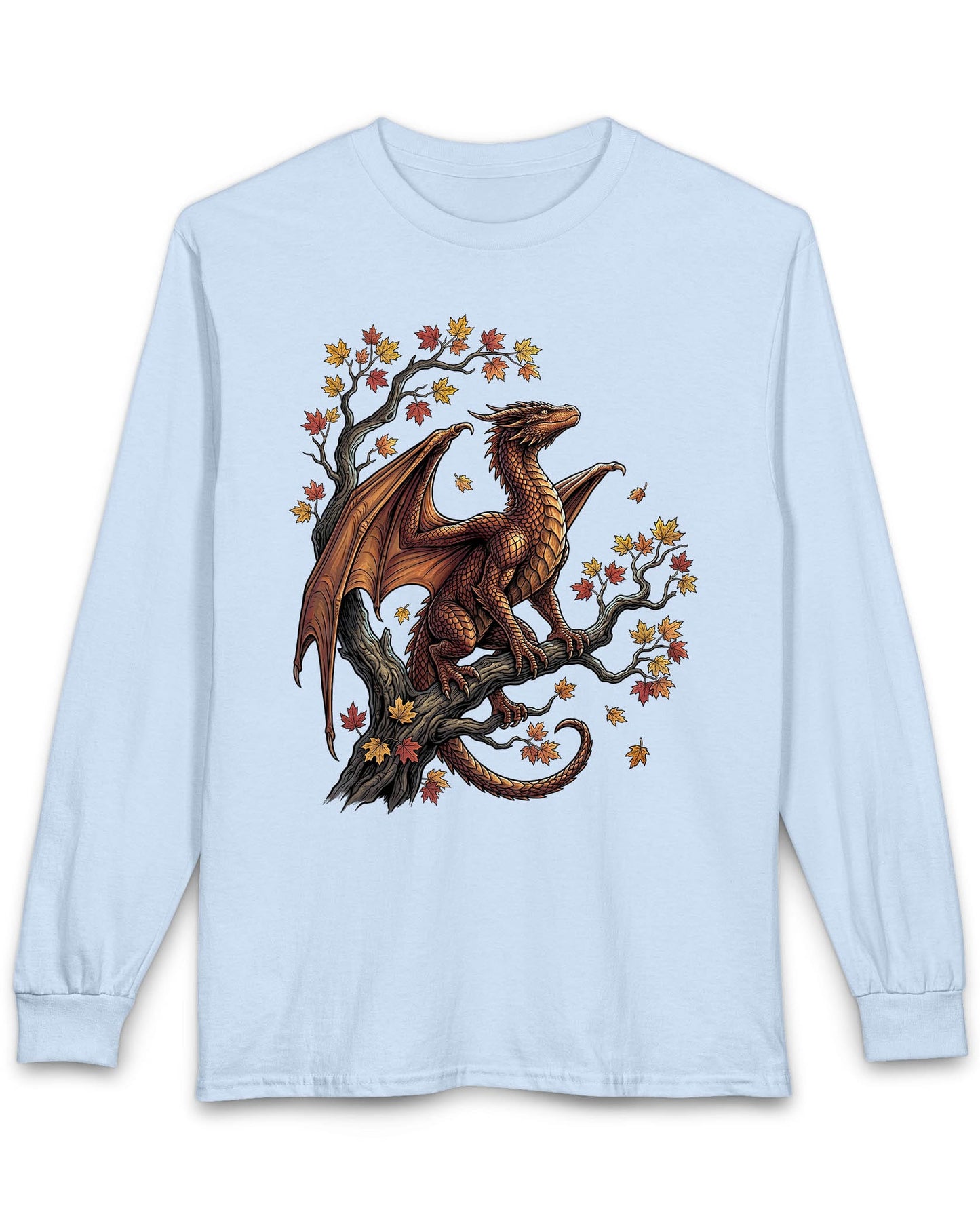 Autumn Watch shirt in light blue featuring a copper dragon on a gnarled tree with red and gold leaves