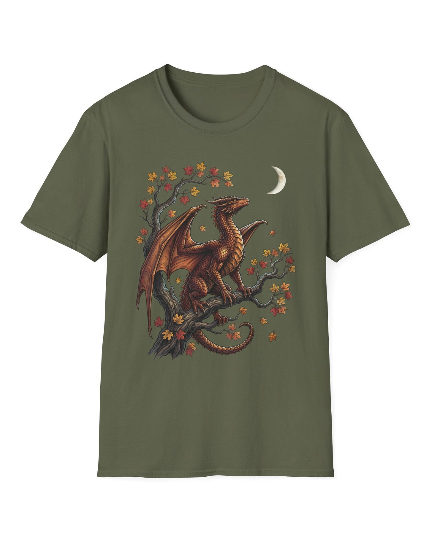 Autumn Watch shirt in military green featuring a copper dragon on a gnarled tree with red and gold leaves and a crescent moon