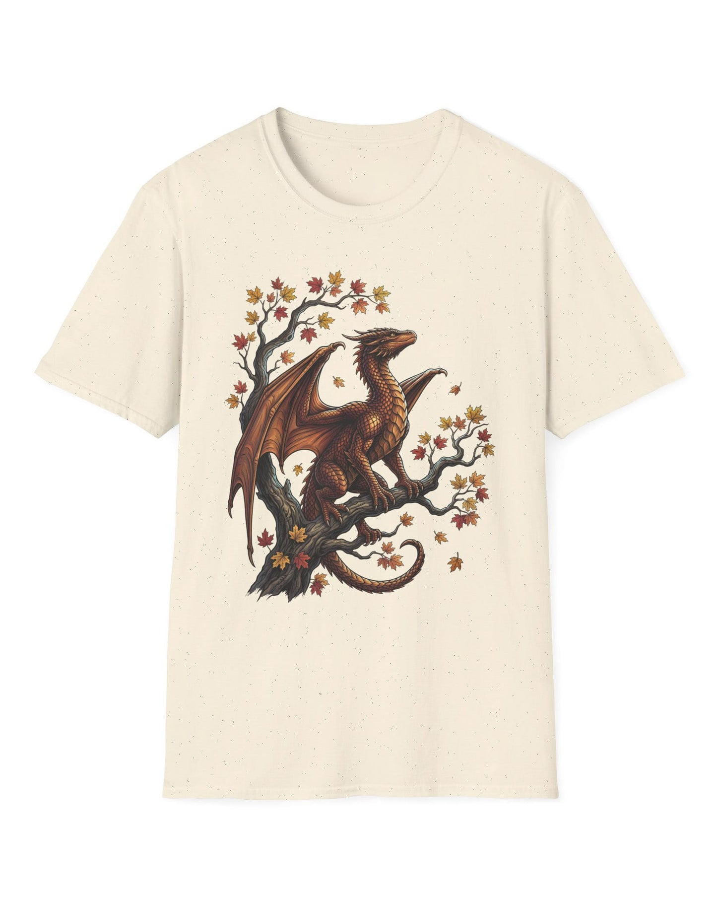 Autumn Watch shirt in natural featuring a copper dragon on a gnarled tree with red and gold leaves