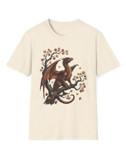 Autumn Watch shirt in natural featuring a copper dragon on a gnarled tree with red and gold leaves