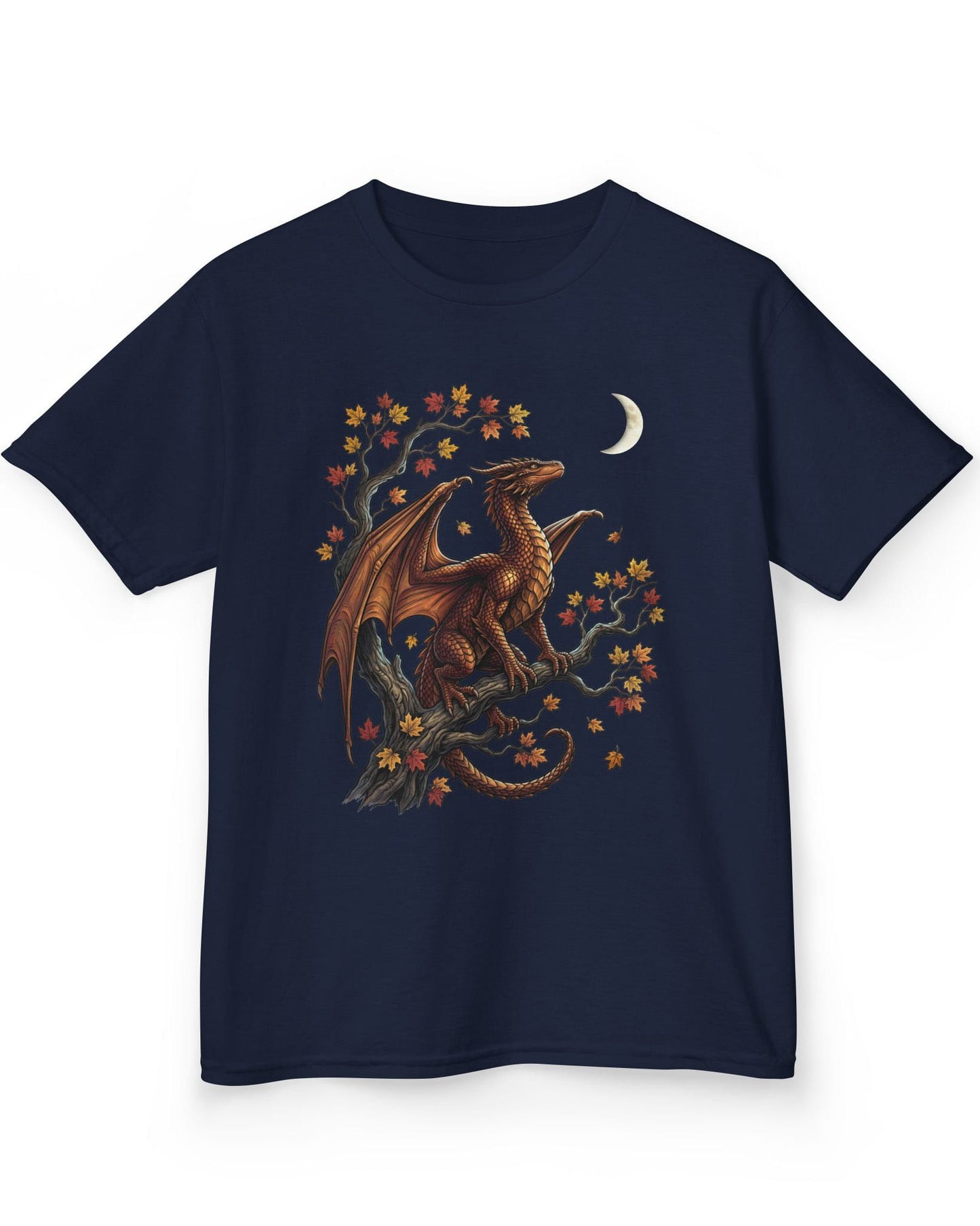 Autumn Watch shirt in navy featuring a copper dragon on a gnarled tree with red and gold leaves and a crescent moon