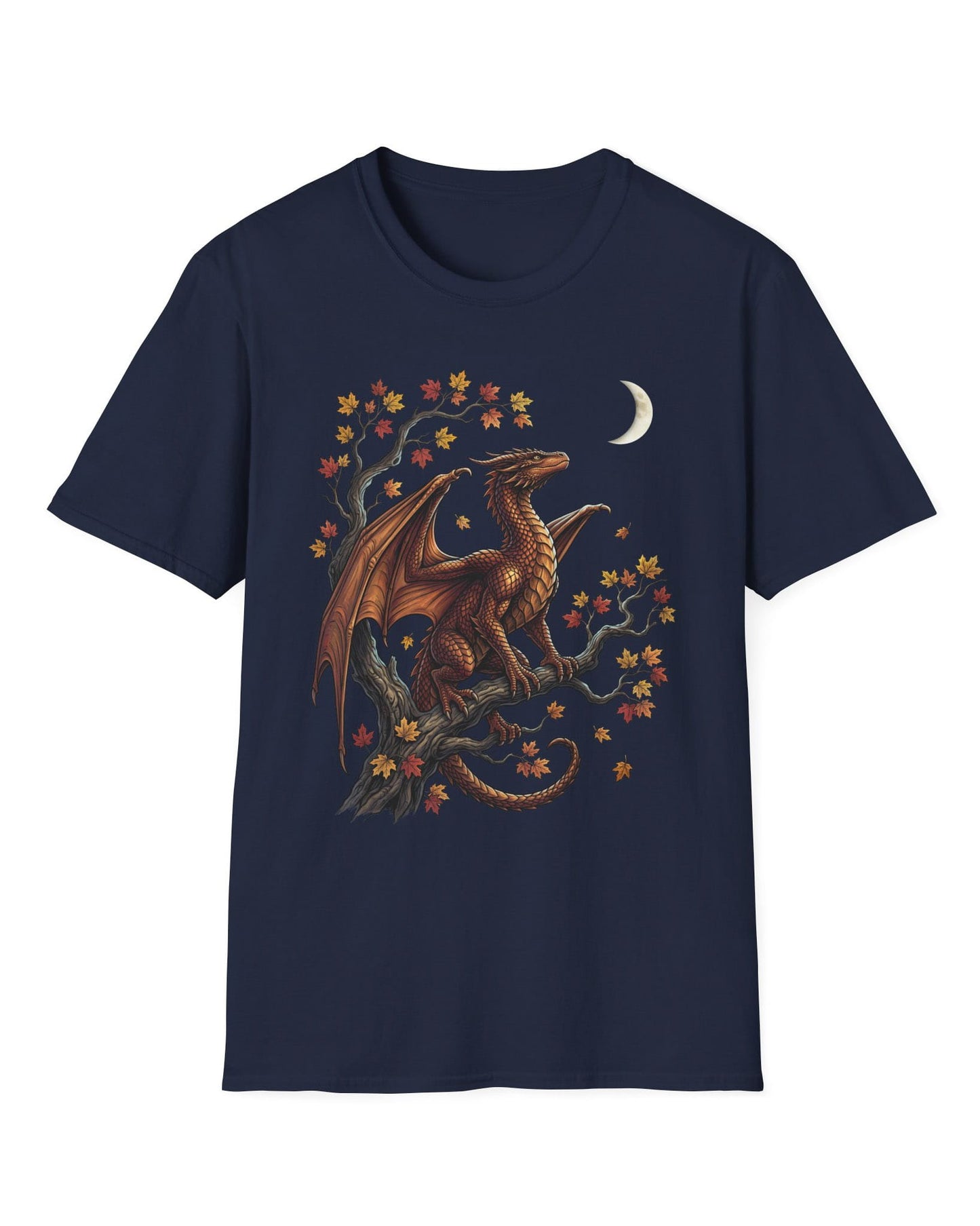 Autumn Watch shirt in navy featuring a copper dragon on a gnarled tree with red and gold leaves and a crescent moon