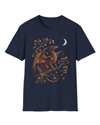Autumn Watch shirt in navy featuring a copper dragon on a gnarled tree with red and gold leaves and a crescent moon