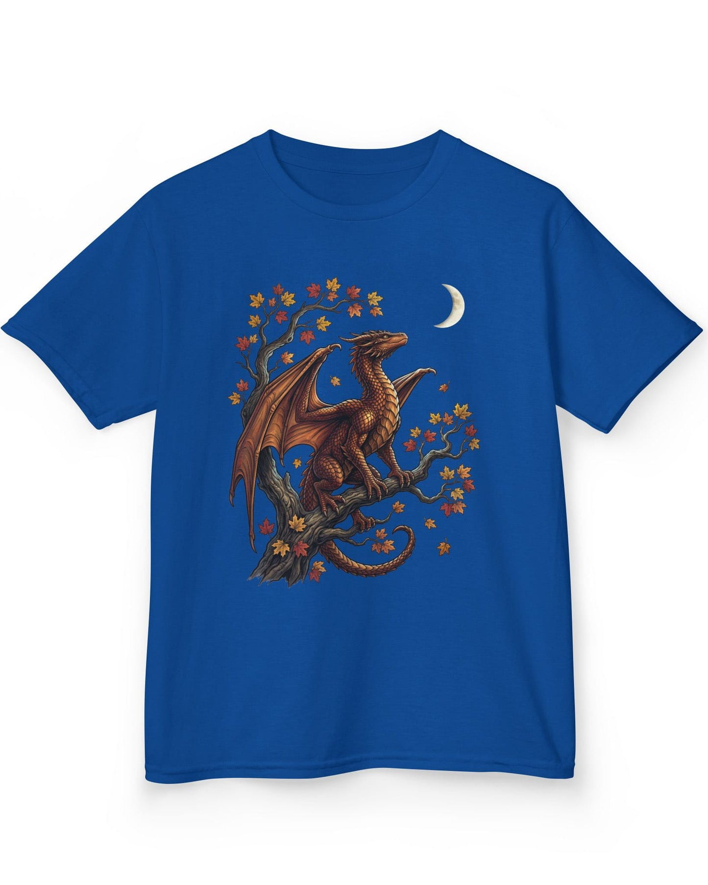 Autumn Watch shirt in royal blue featuring a copper dragon on a gnarled tree with red and gold leaves and a crescent moon