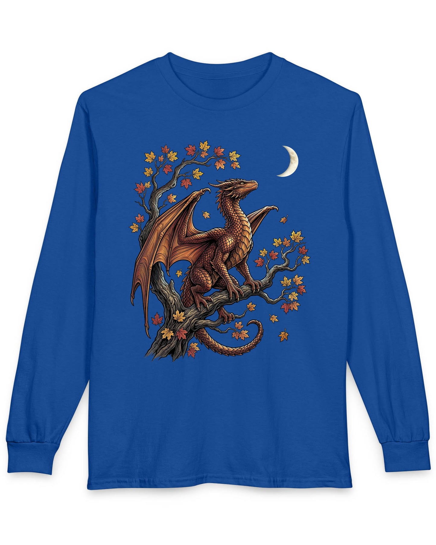 Autumn Watch shirt in royal blue featuring a copper dragon on a gnarled tree with red and gold leaves and a crescent moon