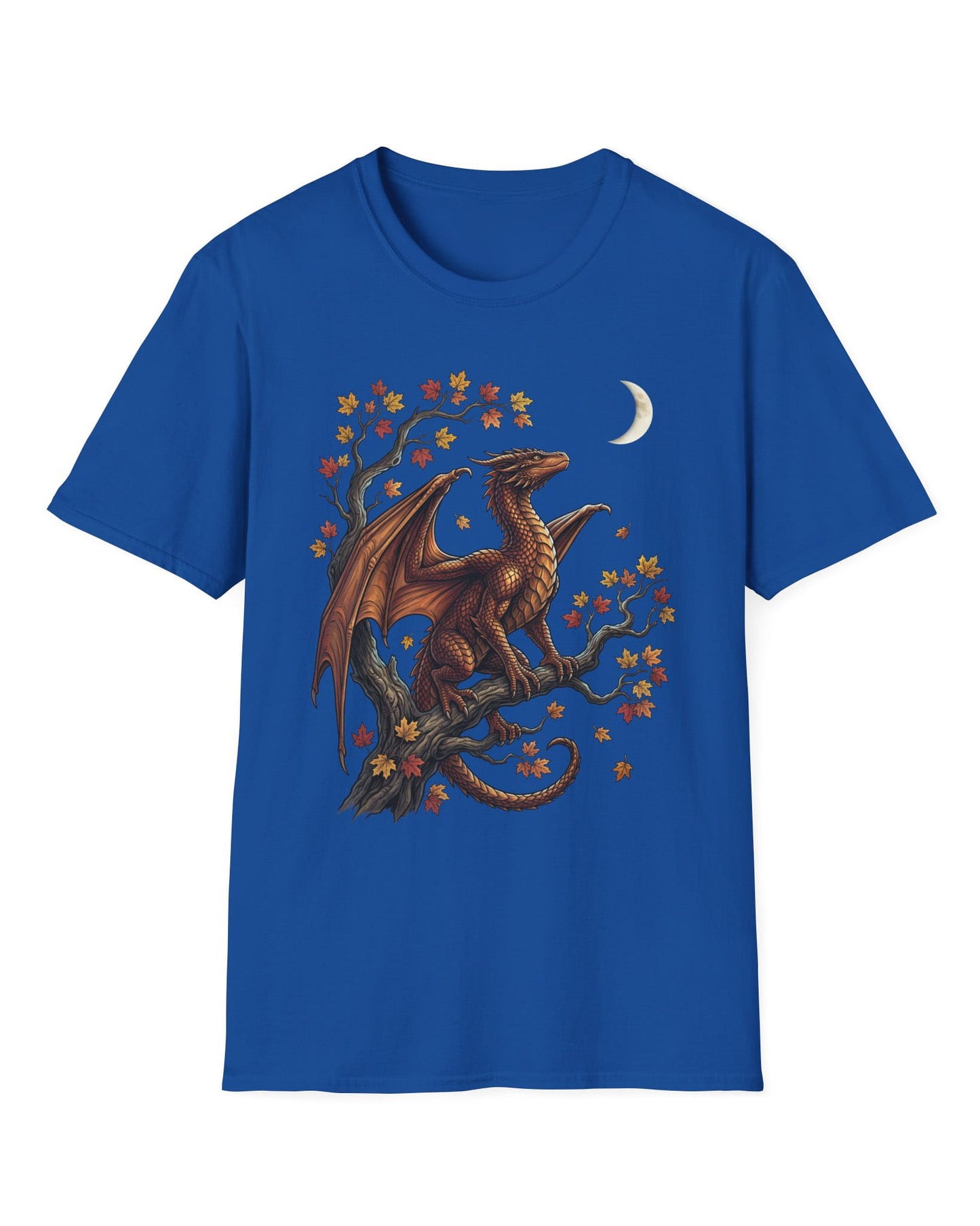Autumn Watch shirt in royal blue featuring a copper dragon on a gnarled tree with red and gold leaves and a crescent moon
