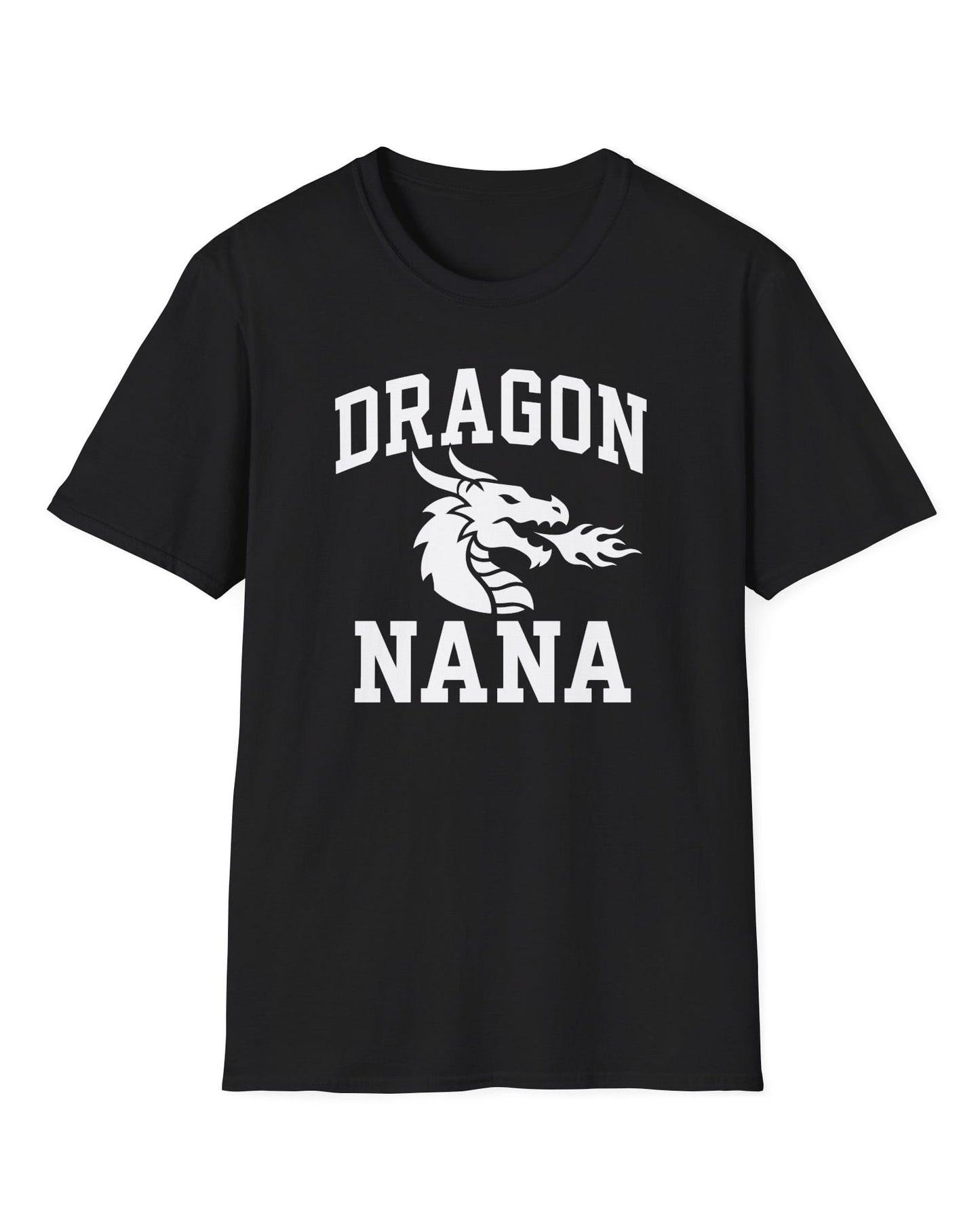 Dragon Nana shirt in black with bold collegiate lettering and a minimalist dragon breathing fire emblem