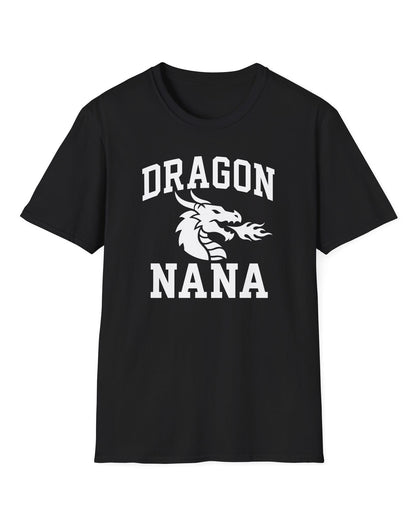 Dragon Nana shirt in black with bold collegiate lettering and a minimalist dragon breathing fire emblem