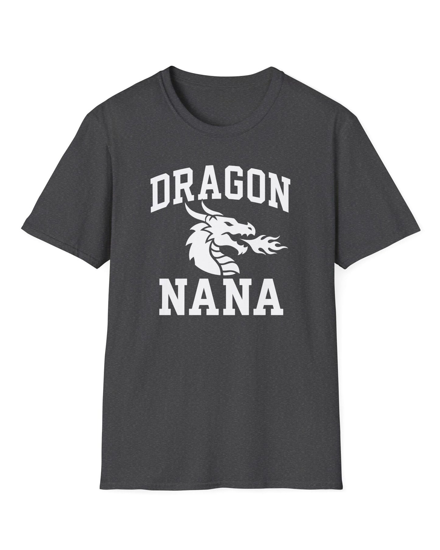 Dragon Nana shirt in dark heather with bold collegiate lettering and a minimalist dragon breathing fire emblem