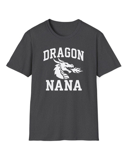 Dragon Nana shirt in dark heather with bold collegiate lettering and a minimalist dragon breathing fire emblem