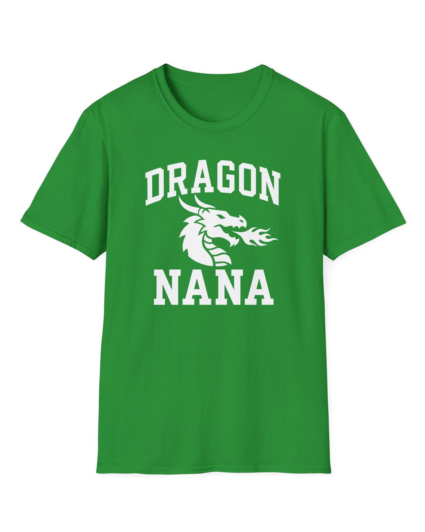 Dragon Nana shirt in Irish green with bold collegiate lettering and a minimalist dragon breathing fire emblem