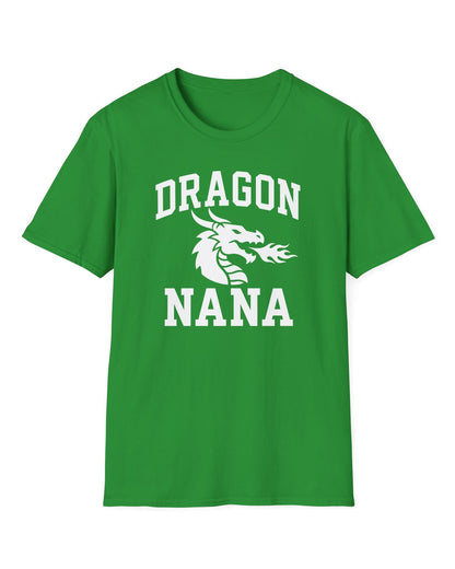 Dragon Nana shirt in Irish green with bold collegiate lettering and a minimalist dragon breathing fire emblem