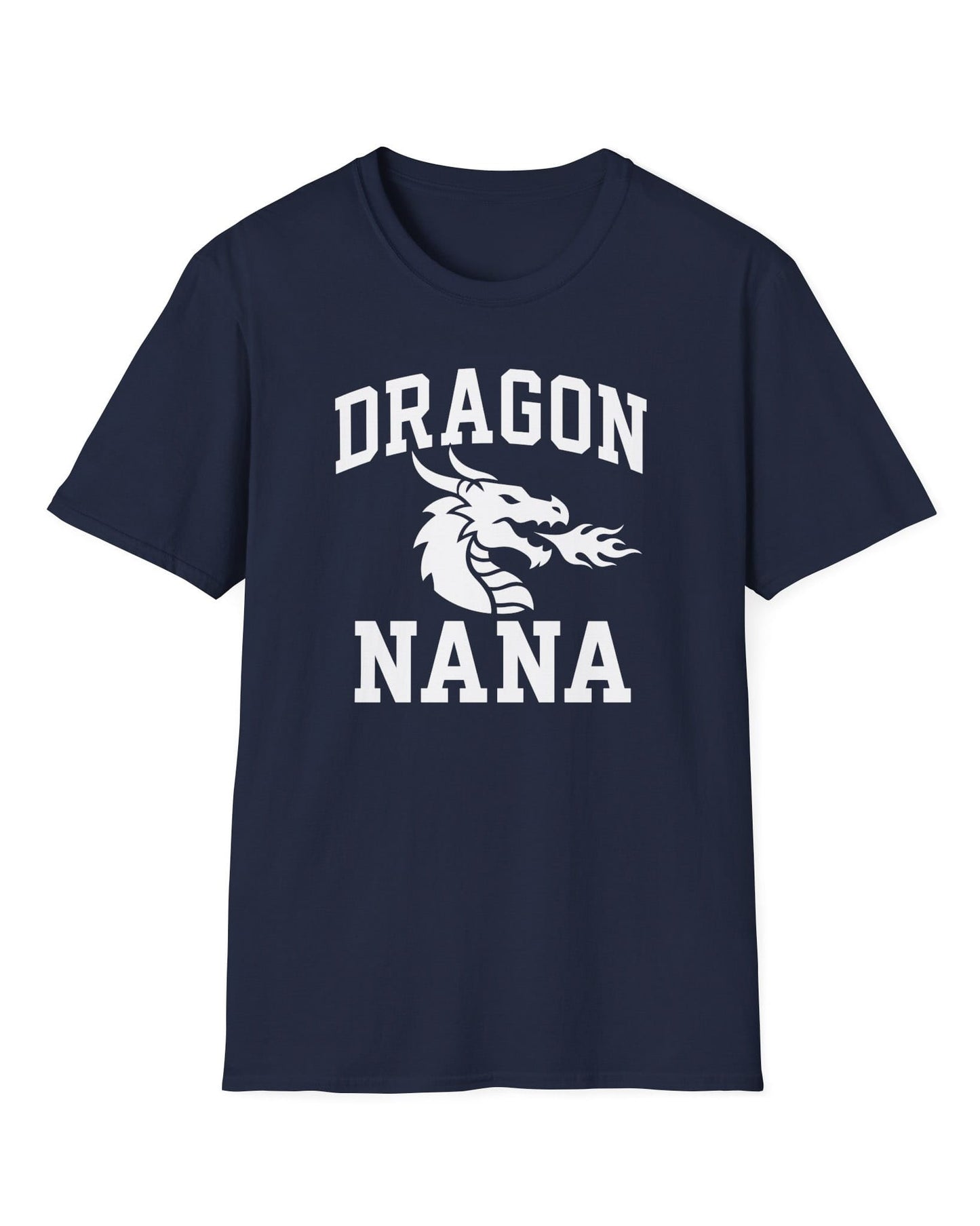 Dragon Nana shirt in navy with bold collegiate lettering and a minimalist dragon breathing fire emblem