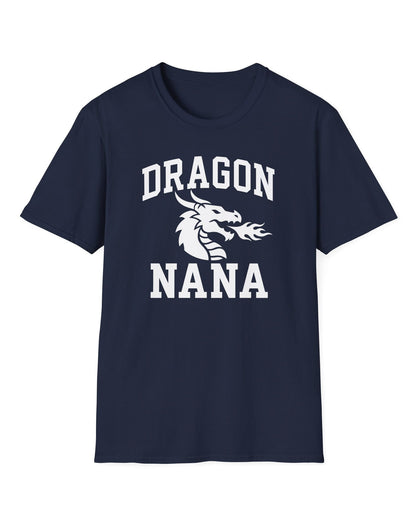 Dragon Nana shirt in navy with bold collegiate lettering and a minimalist dragon breathing fire emblem