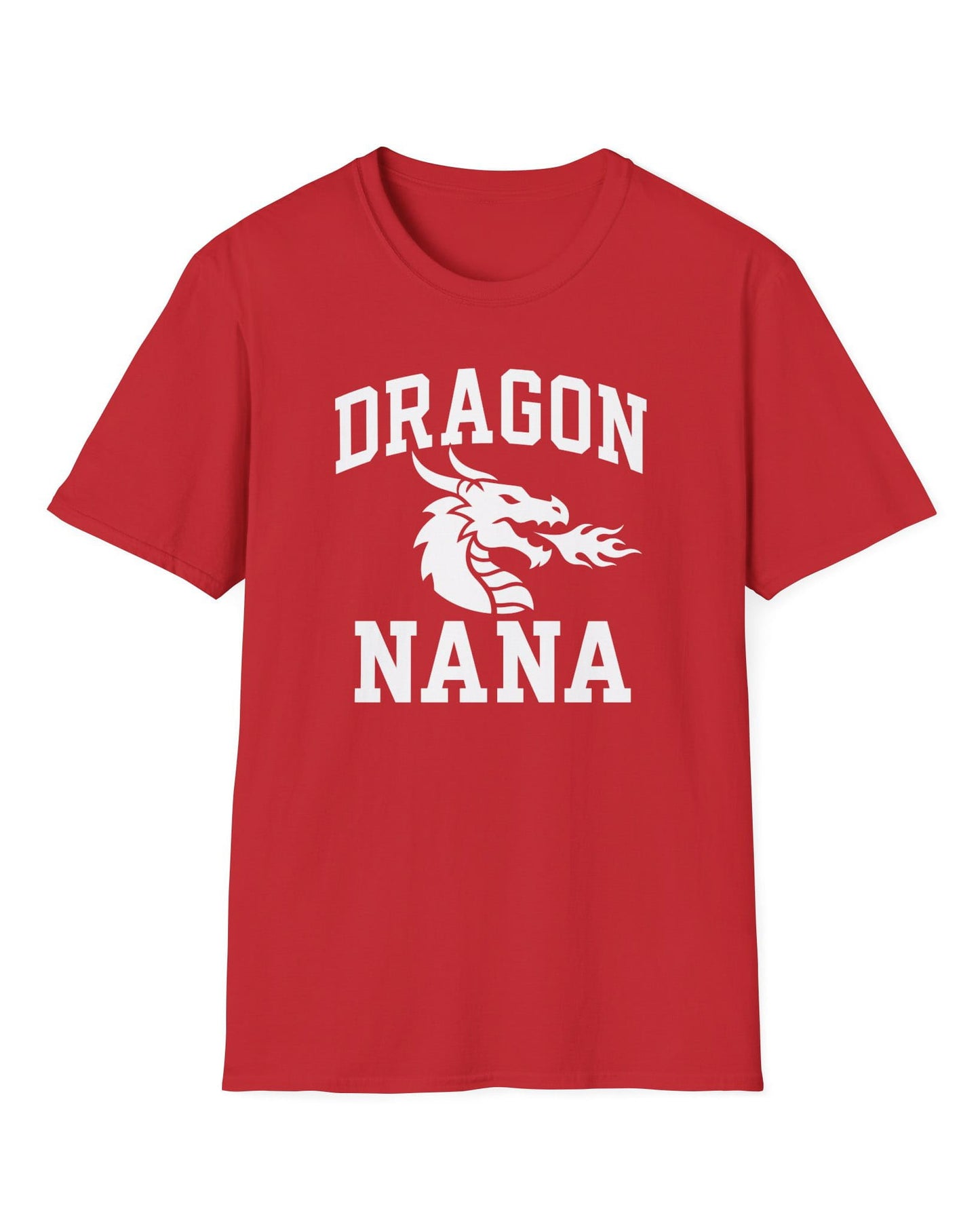 Dragon Nana shirt in red with bold collegiate lettering and a minimalist dragon breathing fire emblem