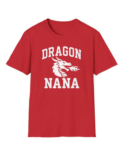 Dragon Nana shirt in red with bold collegiate lettering and a minimalist dragon breathing fire emblem