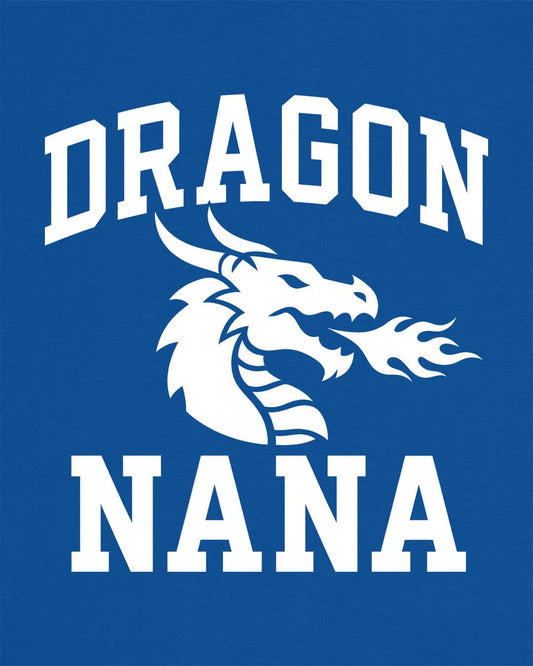 Dragon Nana shirt in royal blue with bold collegiate lettering and a minimalist dragon breathing fire emblem
