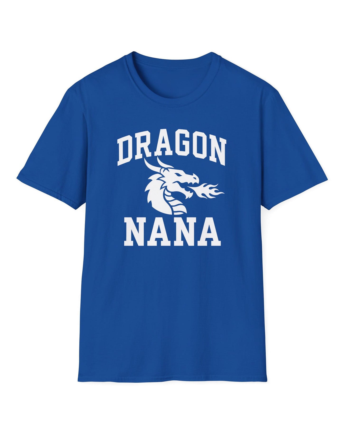 Dragon Nana shirt in royal blue with bold collegiate lettering and a minimalist dragon breathing fire emblem