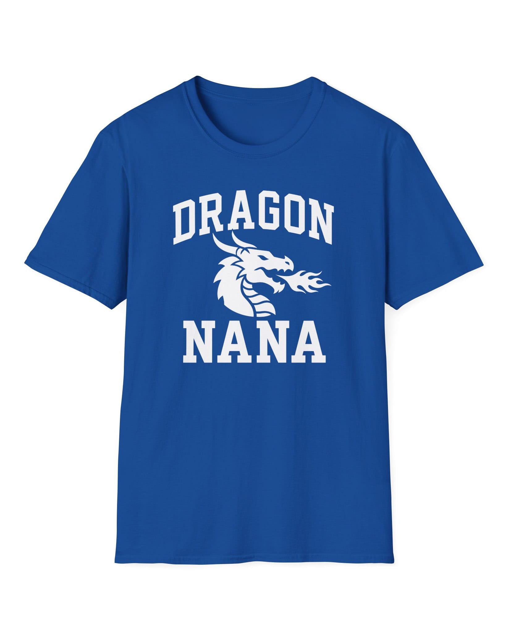 Dragon Nana shirt in royal blue with bold collegiate lettering and a minimalist dragon breathing fire emblem