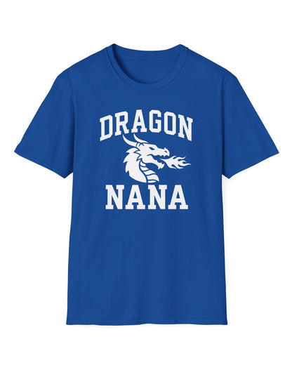Dragon Nana shirt in royal blue with bold collegiate lettering and a minimalist dragon breathing fire emblem