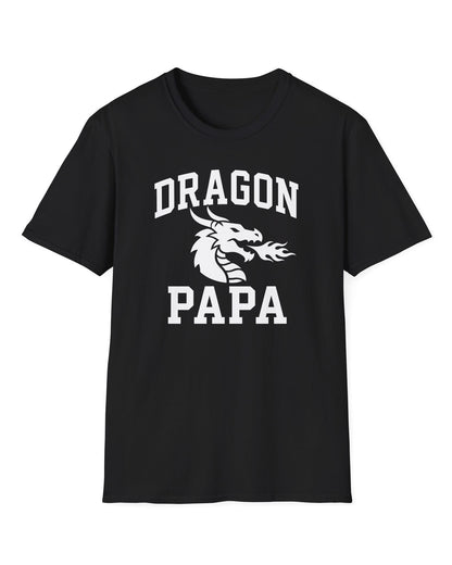 Dragon Papa shirt in black with bold collegiate lettering and a minimalist dragon breathing fire emblem
