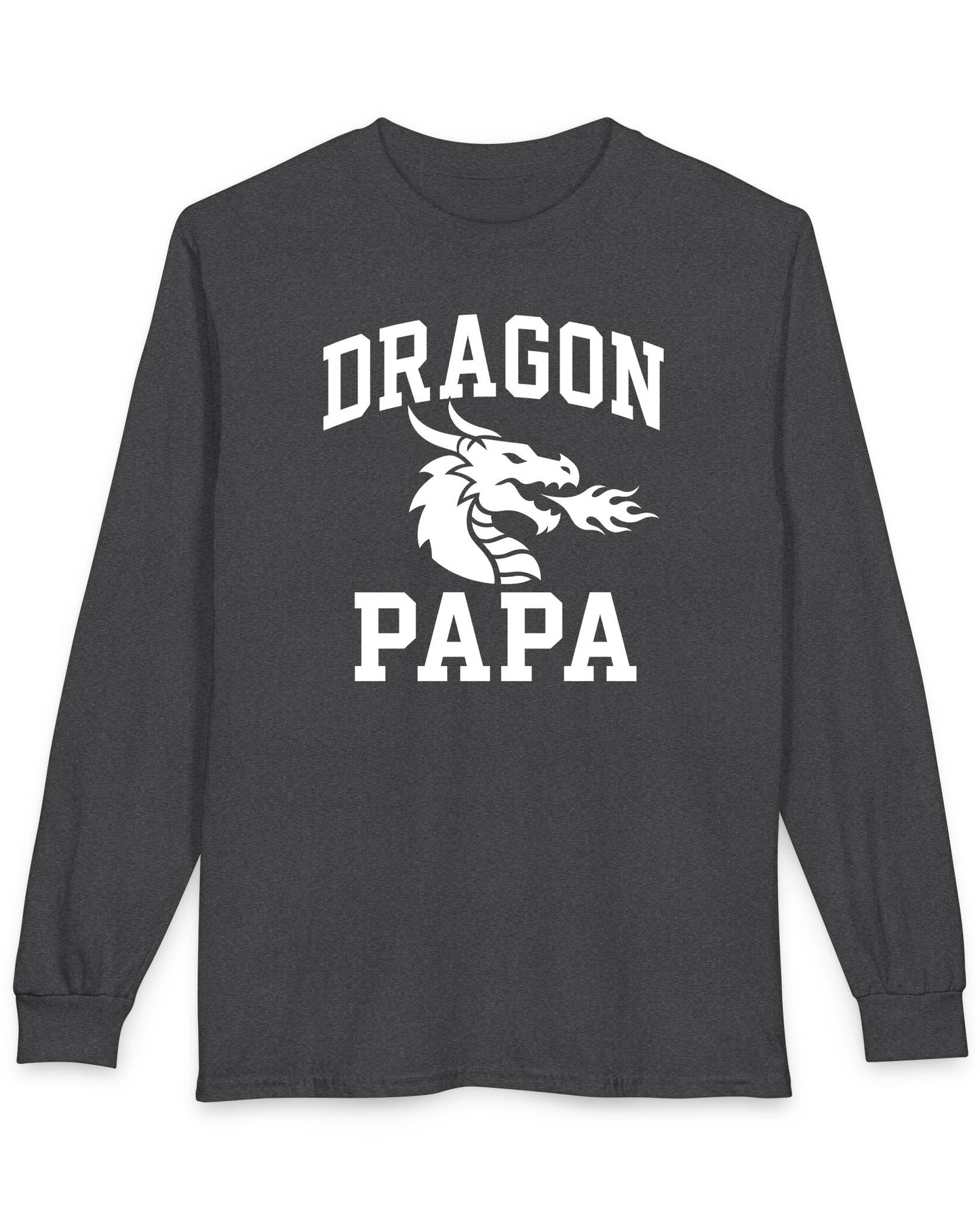Dragon Papa shirt in dark heather with bold collegiate lettering and a minimalist dragon breathing fire emblem