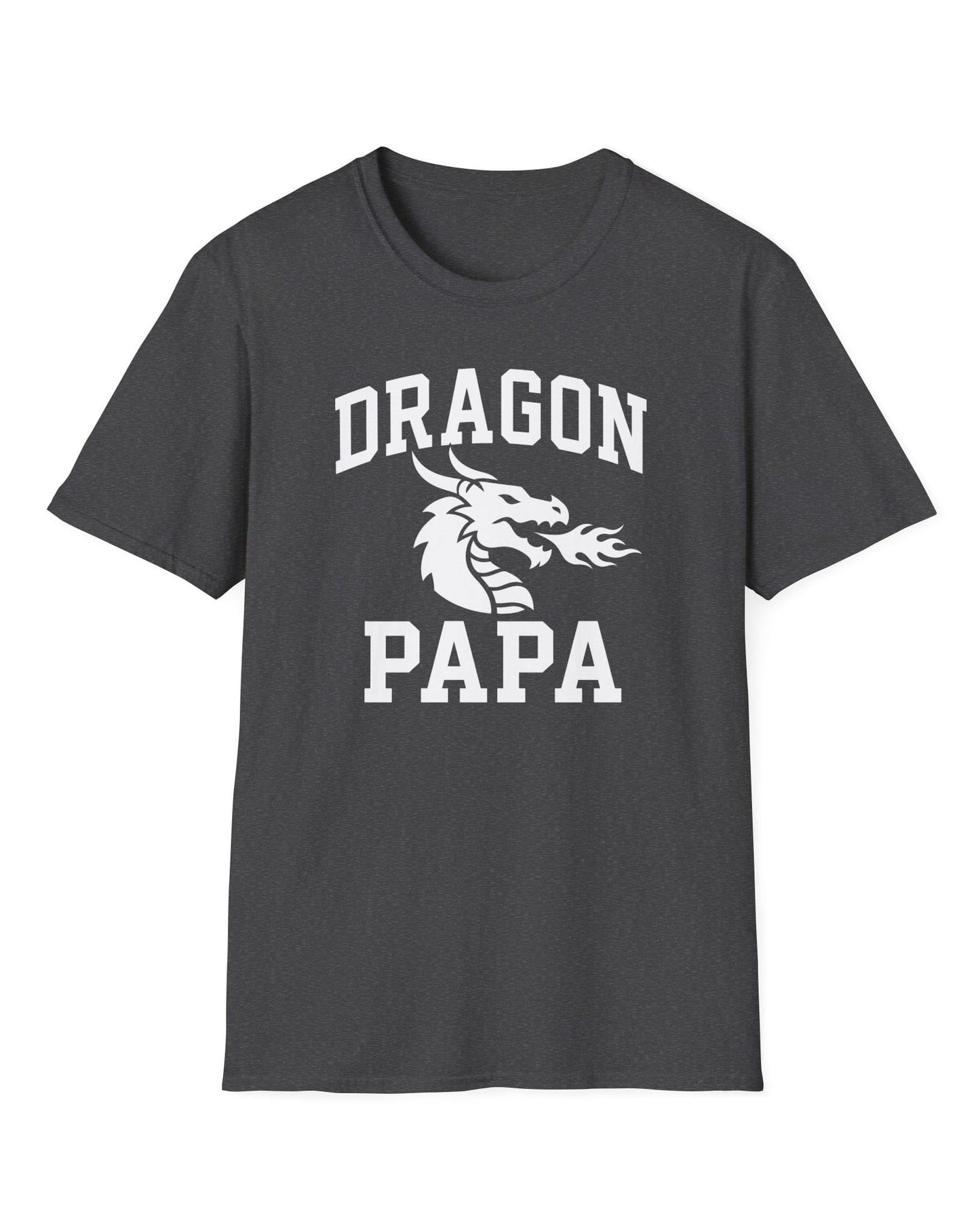 Dragon Papa shirt in dark heather with bold collegiate lettering and a minimalist dragon breathing fire emblem