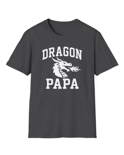 Dragon Papa shirt in dark heather with bold collegiate lettering and a minimalist dragon breathing fire emblem