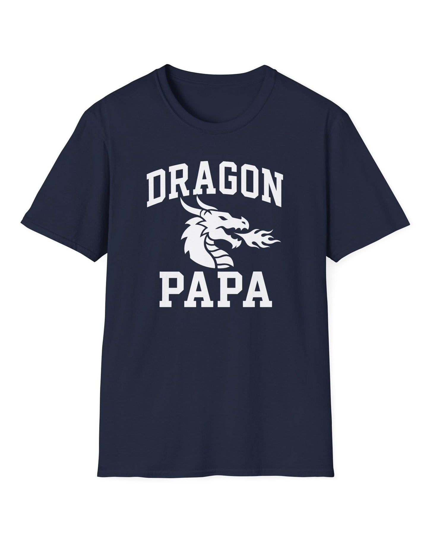 Dragon Papa shirt in navy with bold collegiate lettering and a minimalist dragon breathing fire emblem