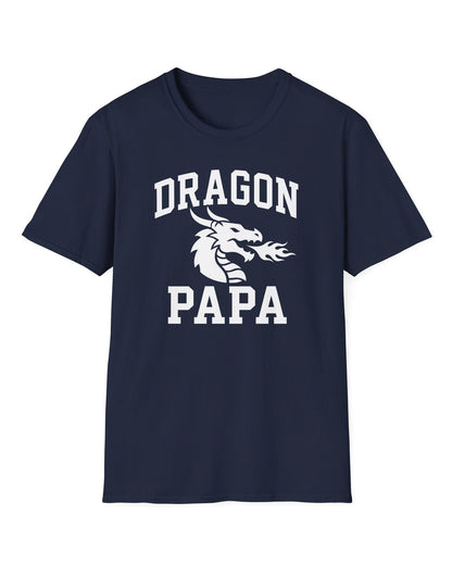 Dragon Papa shirt in navy with bold collegiate lettering and a minimalist dragon breathing fire emblem
