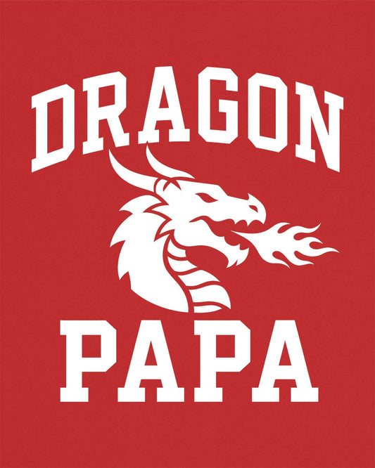 Dragon Papa shirt in red with bold collegiate lettering and a minimalist dragon breathing fire emblem
