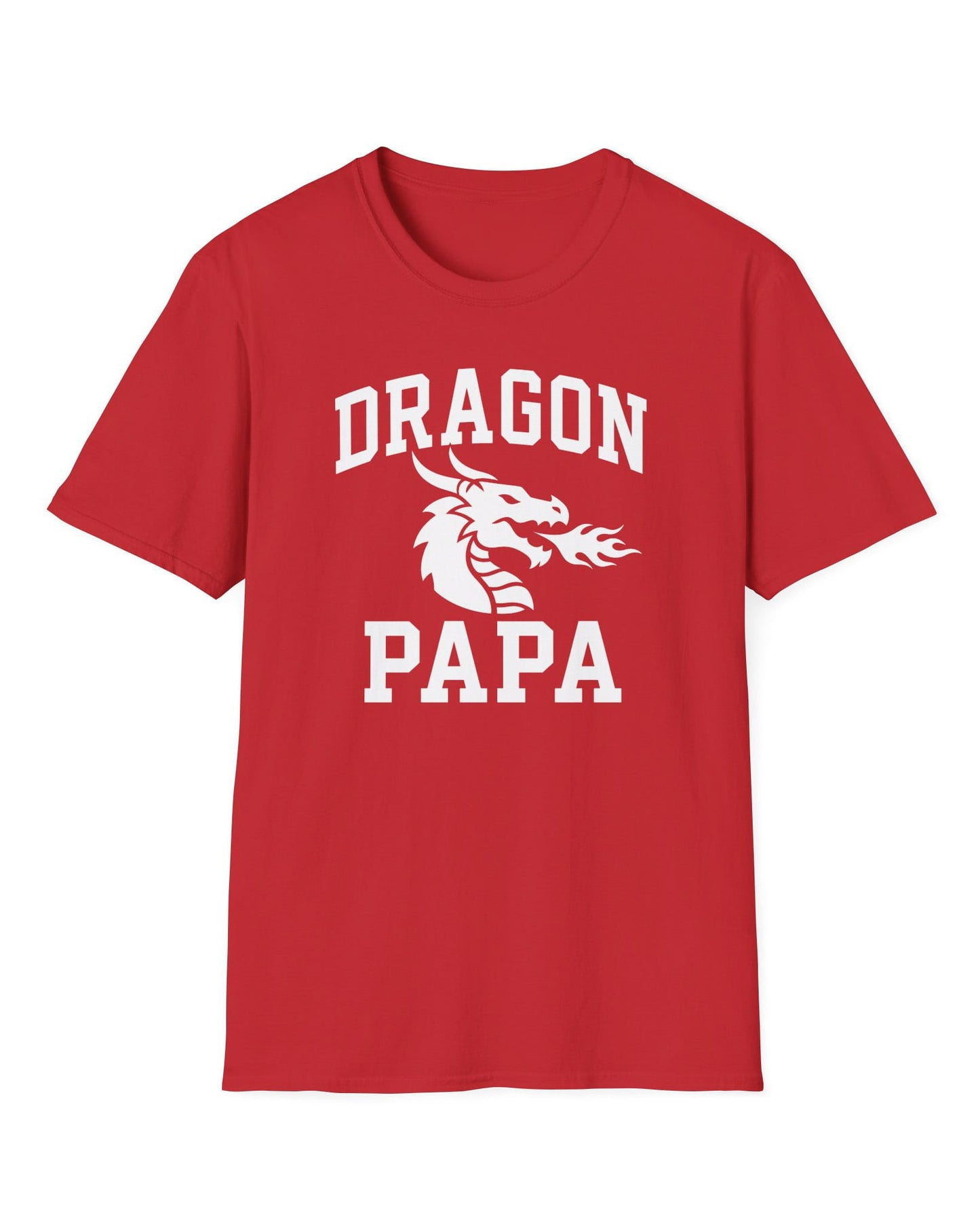 Dragon Papa shirt in red with bold collegiate lettering and a minimalist dragon breathing fire emblem