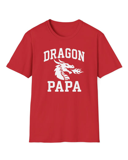 Dragon Papa shirt in red with bold collegiate lettering and a minimalist dragon breathing fire emblem