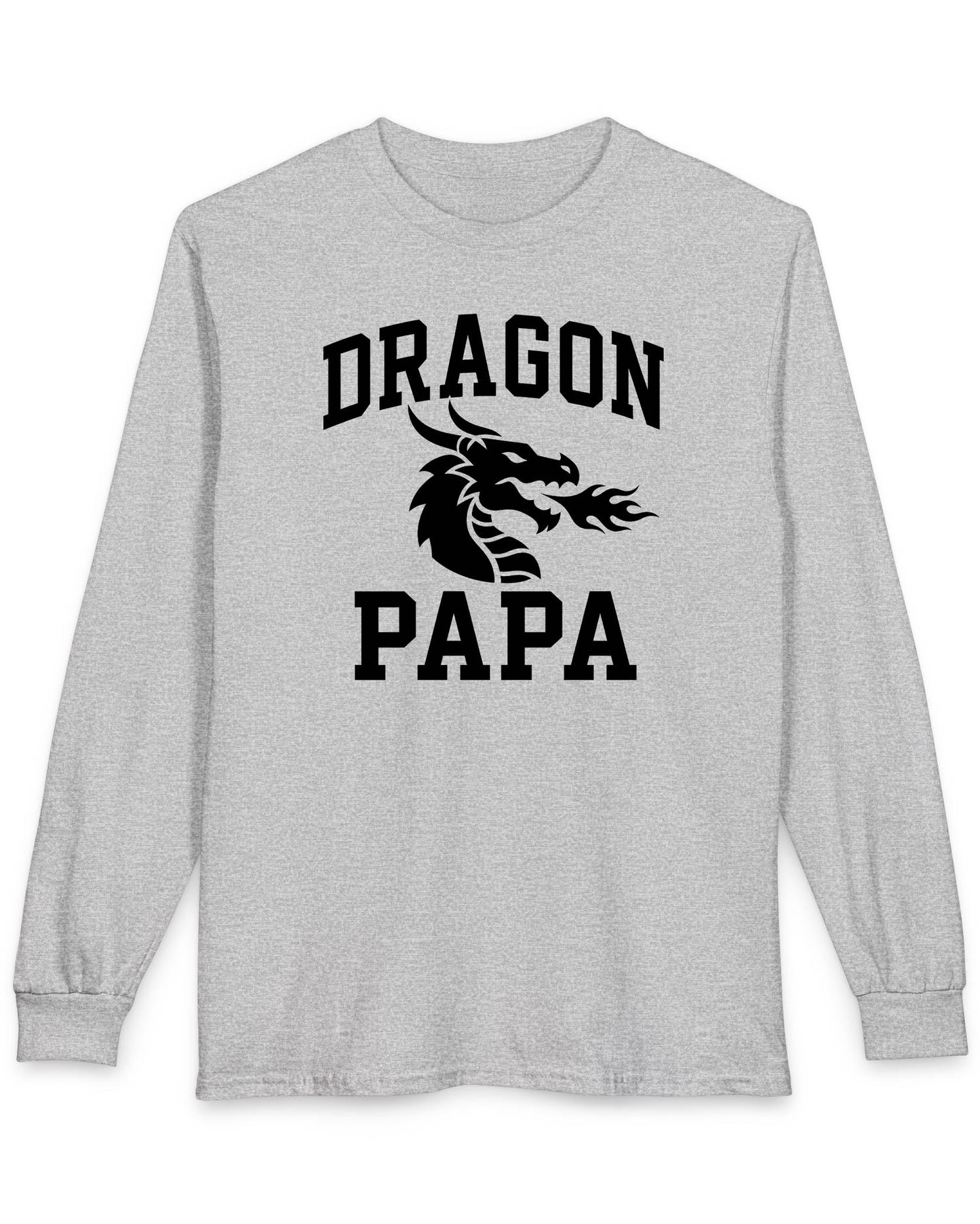 Dragon Papa shirt in sport grey with bold collegiate lettering and a minimalist dragon breathing fire emblem