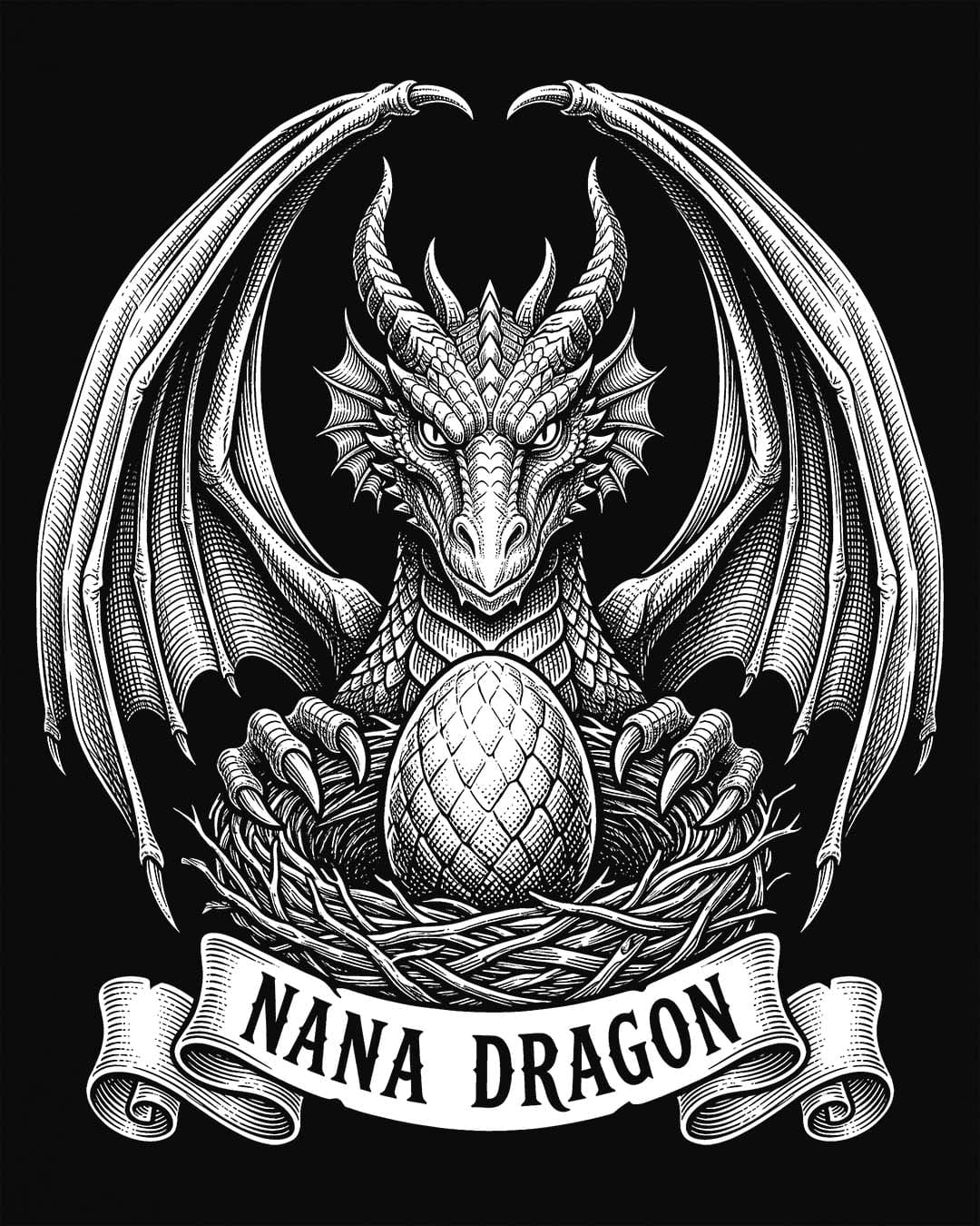 Nana Dragon shirt in black featuring detailed vintage sketch art of a dragon guarding an egg in its nest