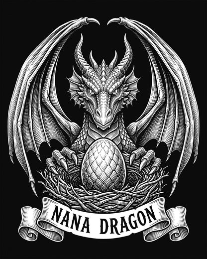 Nana Dragon shirt in black featuring detailed vintage sketch art of a dragon guarding an egg in its nest