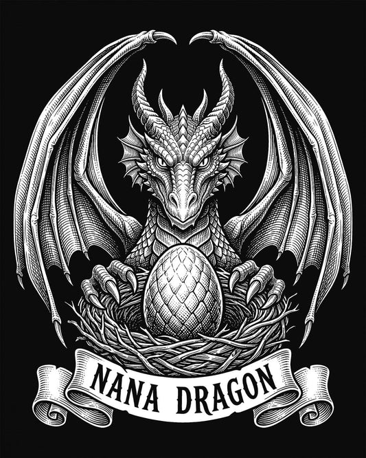 Nana Dragon shirt in black featuring detailed vintage sketch art of a dragon guarding an egg in its nest