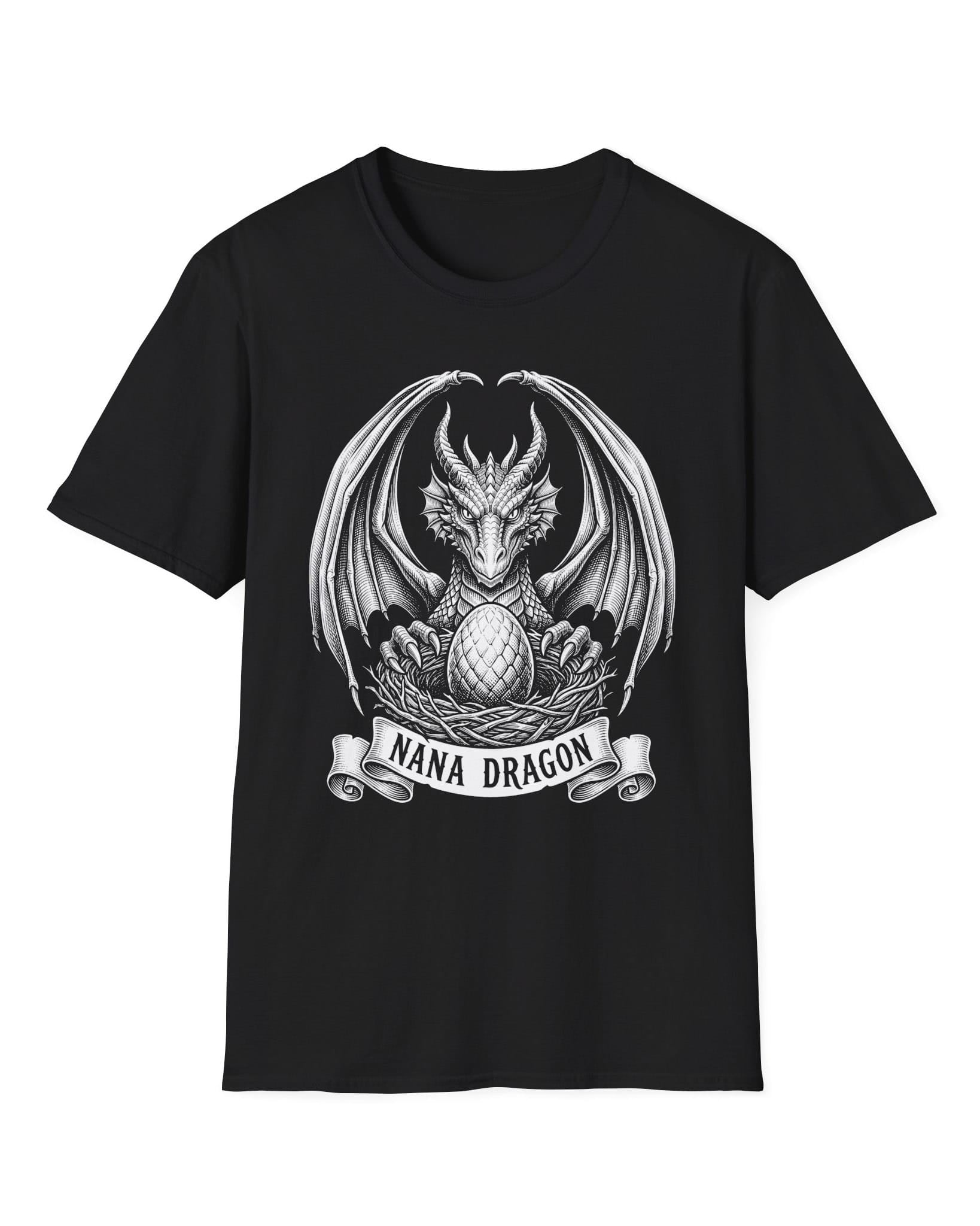 Nana Dragon shirt in black featuring detailed vintage sketch art of a dragon guarding an egg in its nest