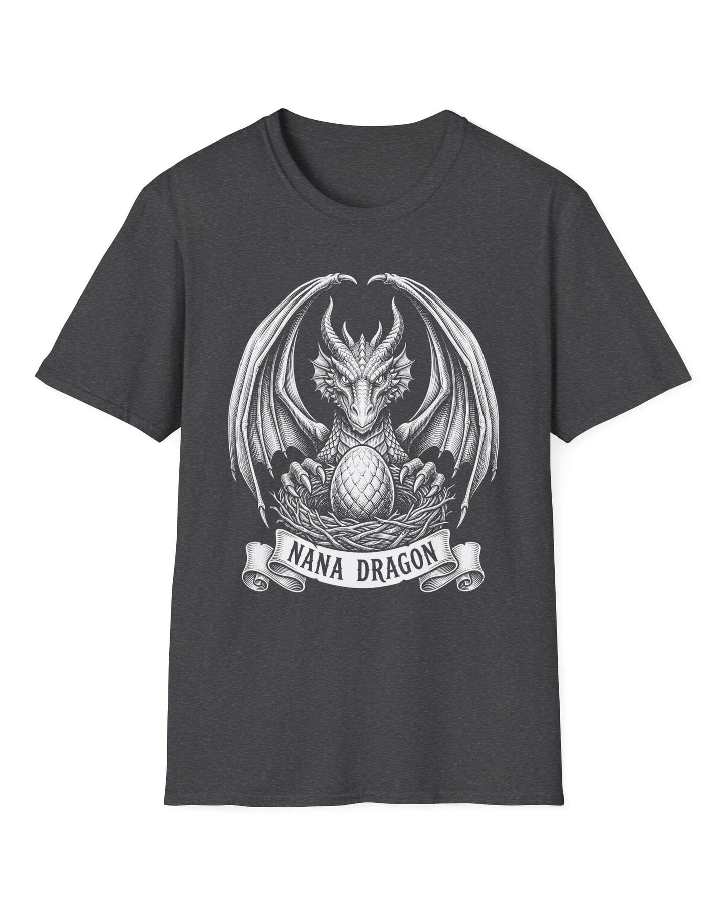 Nana Dragon shirt in dark heather featuring detailed vintage sketch art of a dragon guarding an egg in its nest