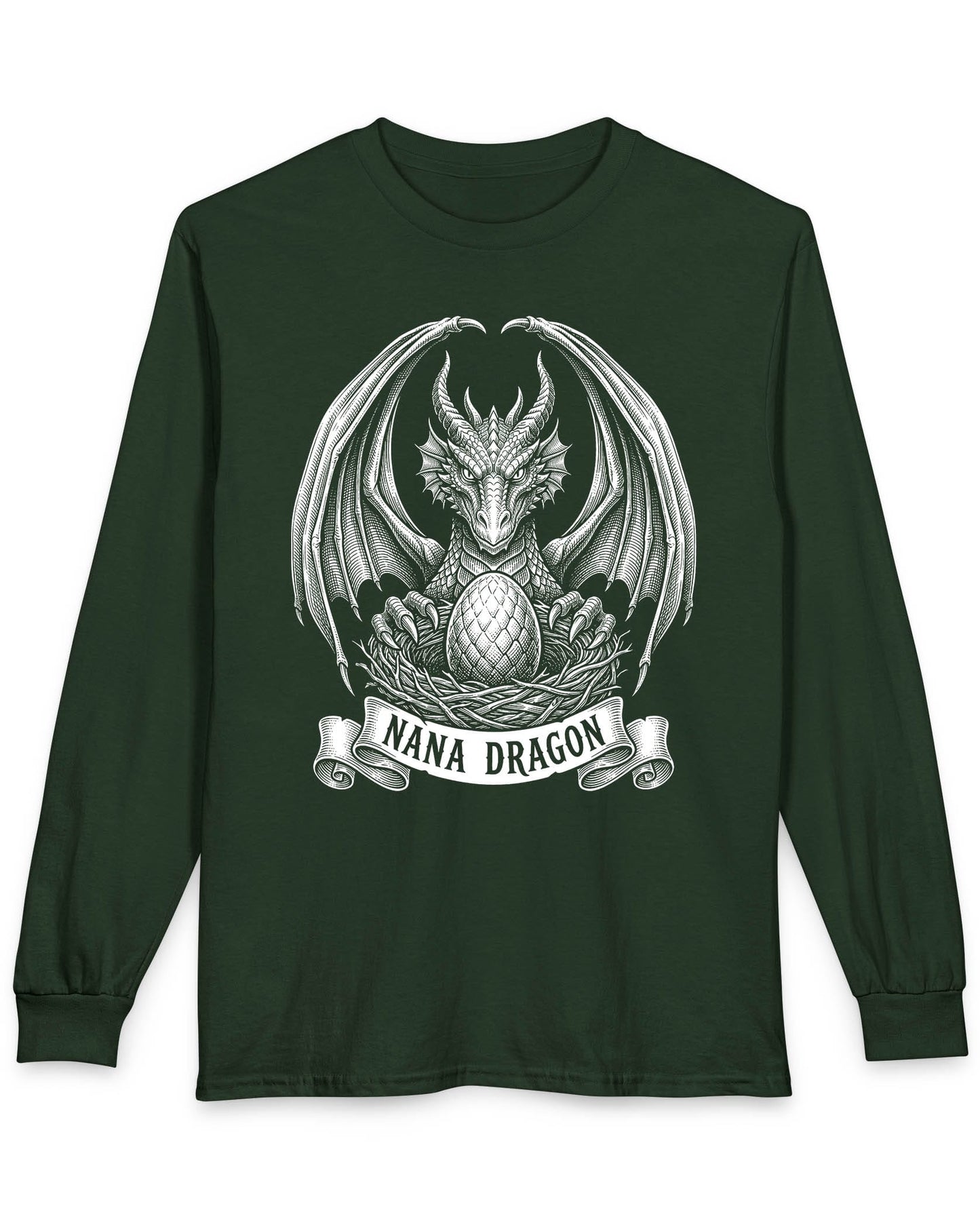 Nana Dragon shirt in forest green featuring detailed vintage sketch art of a dragon guarding an egg in its nest