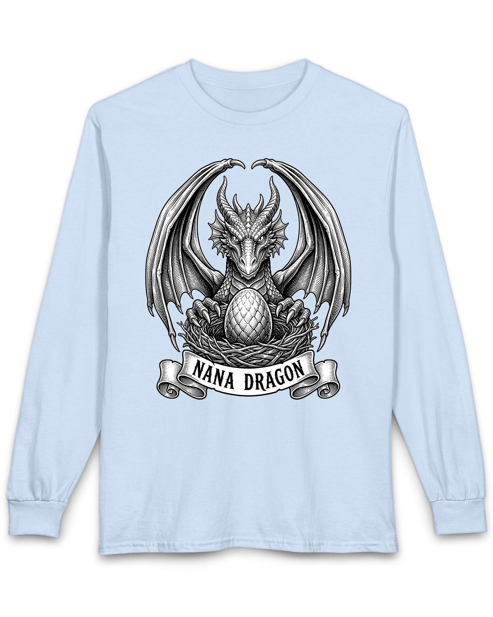 Nana Dragon shirt in light blue featuring detailed vintage sketch art of a dragon guarding an egg in its nest