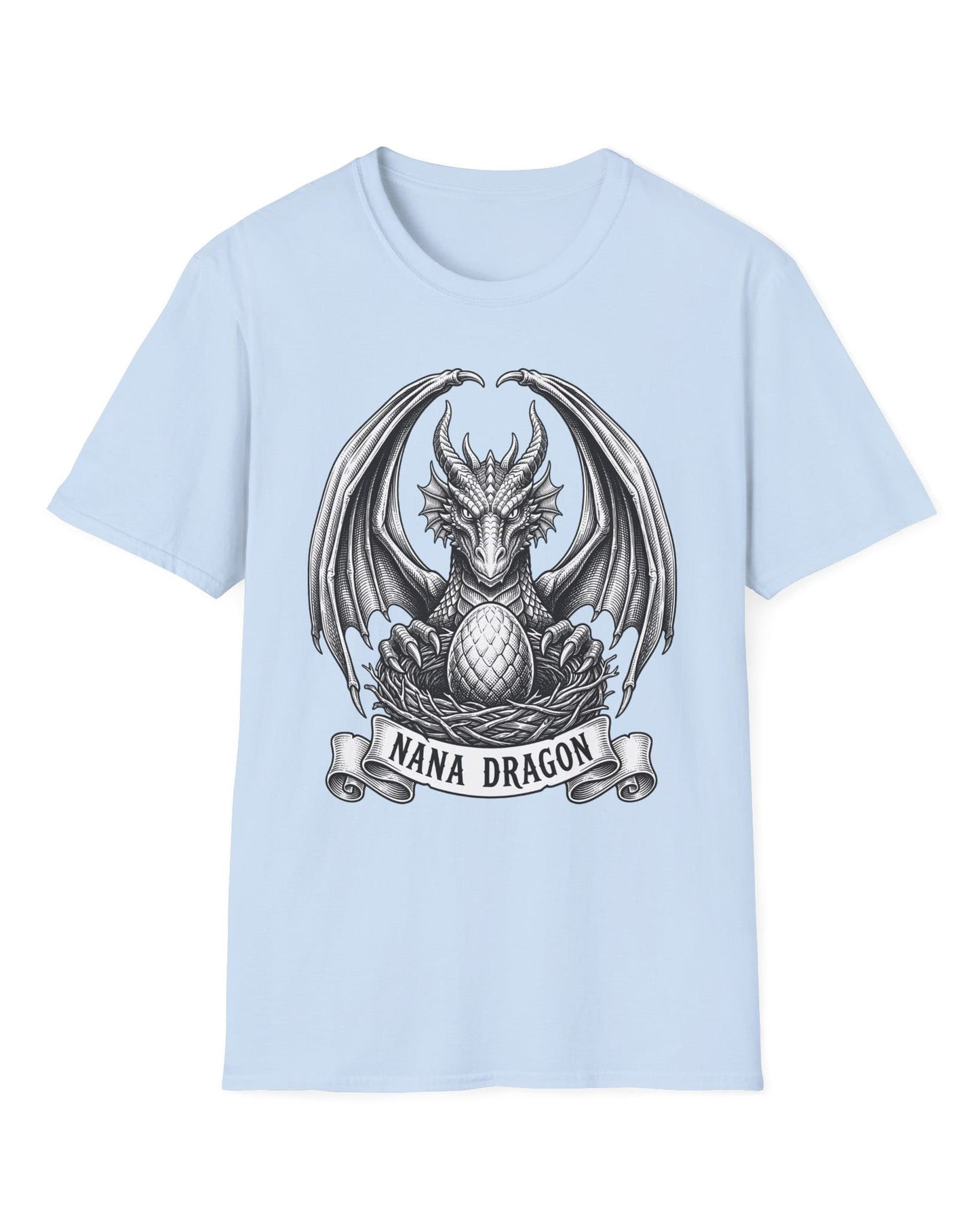 Nana Dragon shirt in light blue featuring detailed vintage sketch art of a dragon guarding an egg in its nest