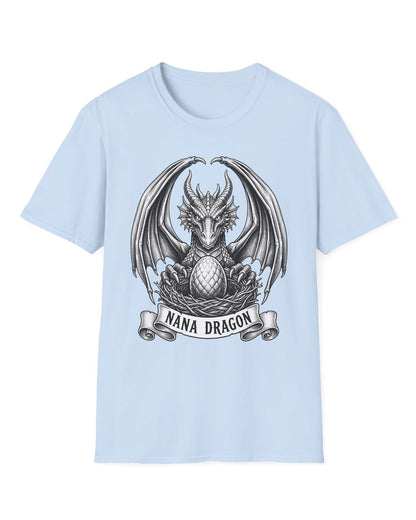 Nana Dragon shirt in light blue featuring detailed vintage sketch art of a dragon guarding an egg in its nest