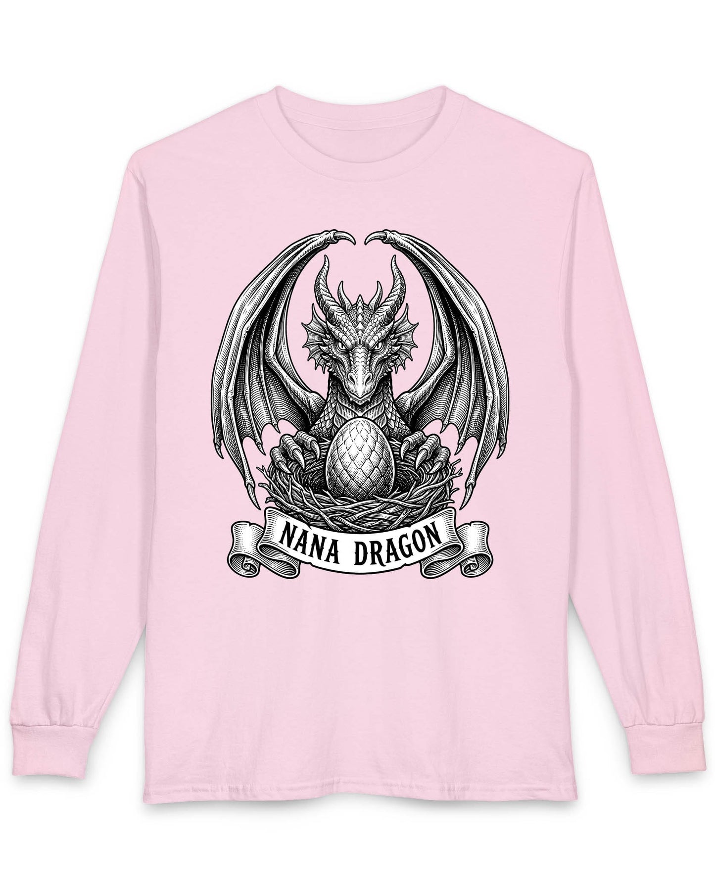 Nana Dragon shirt in light pink featuring detailed vintage sketch art of a dragon guarding an egg in its nest