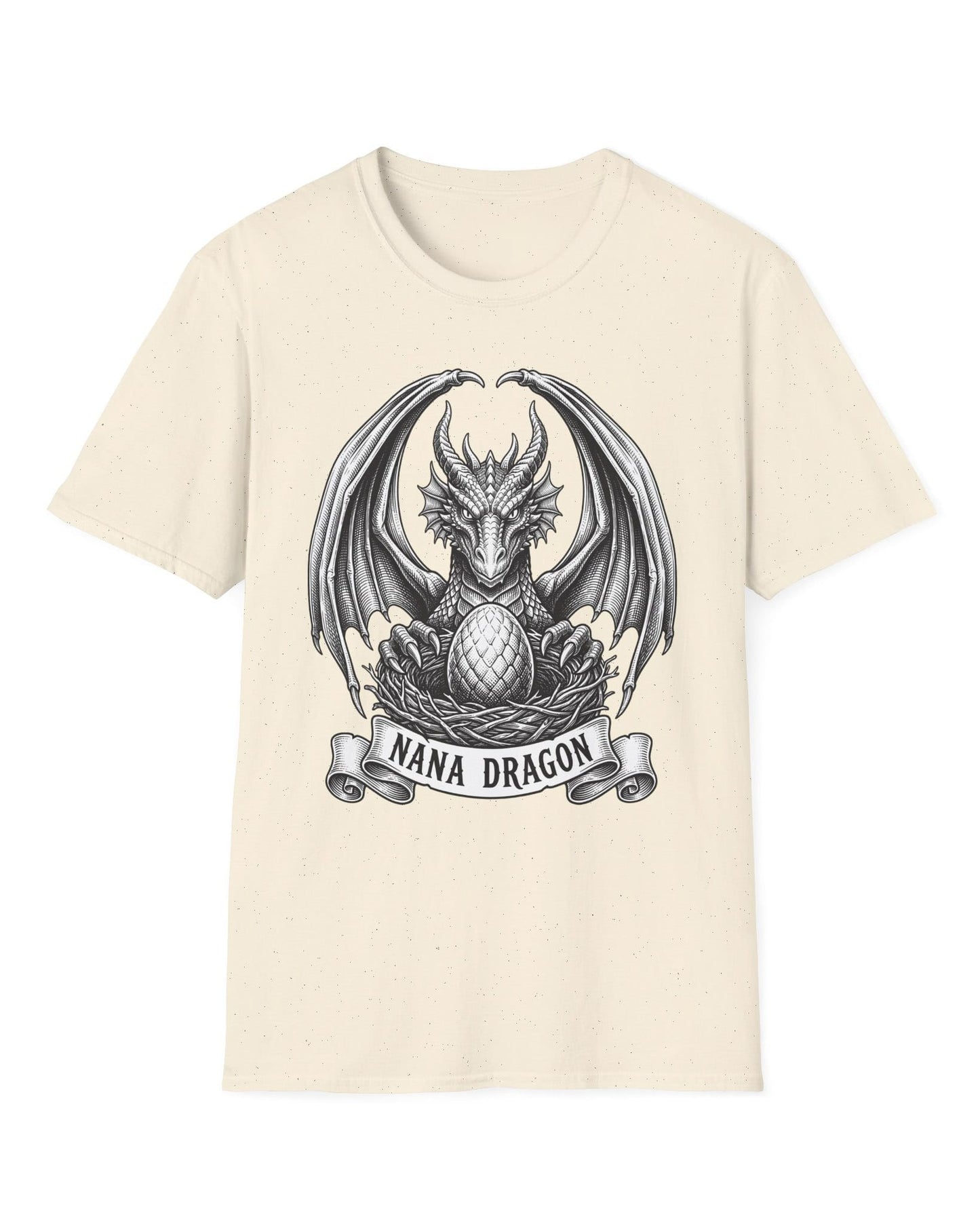 Nana Dragon shirt in natural featuring detailed vintage sketch art of a dragon guarding an egg in its nest