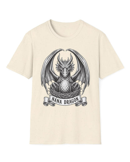 Nana Dragon shirt in natural featuring detailed vintage sketch art of a dragon guarding an egg in its nest