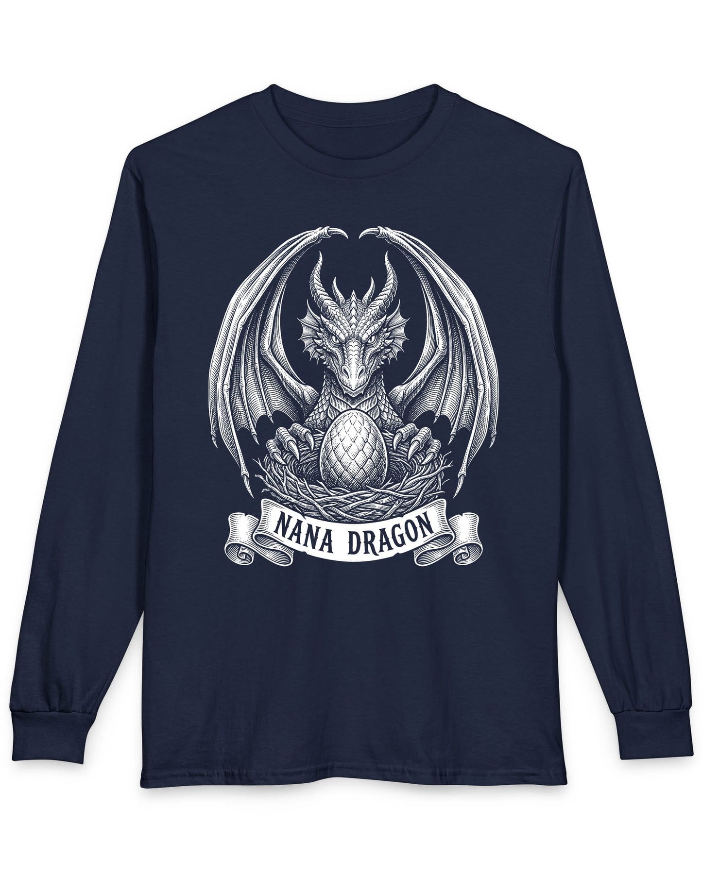 Nana Dragon shirt in navy featuring detailed vintage sketch art of a dragon guarding an egg in its nest