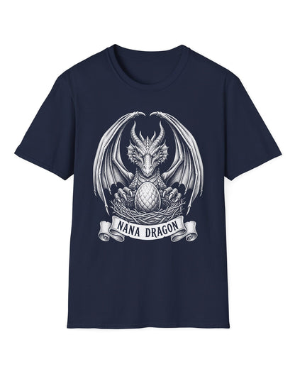 Nana Dragon shirt in navy featuring detailed vintage sketch art of a dragon guarding an egg in its nest
